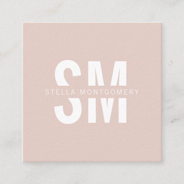 Modern blush pink and white monogram professional square business card (Front)