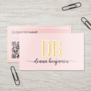 Modern blush pink and white monogram Qr Code Foil Spot Gloss Business Cards