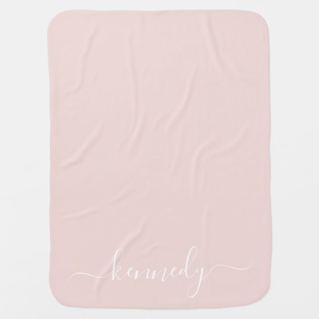 Modern blush pink and white script name reversible baby blanket (Front)