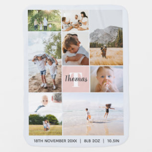 Modern Blush Pink Baby Birth Stats Photo Montage Blanket