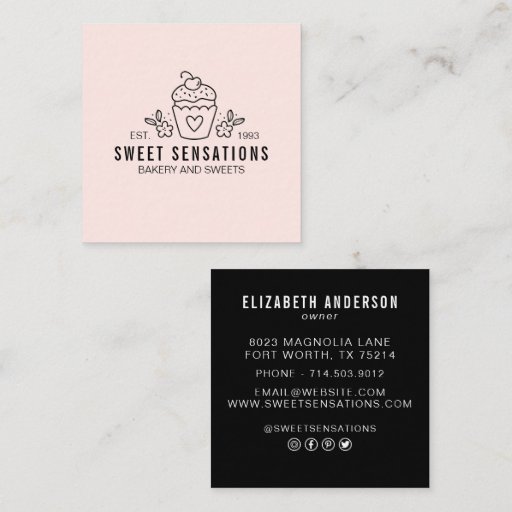 Customizable Modern Blush Pink Bakery Catering Chef Square Business Card
