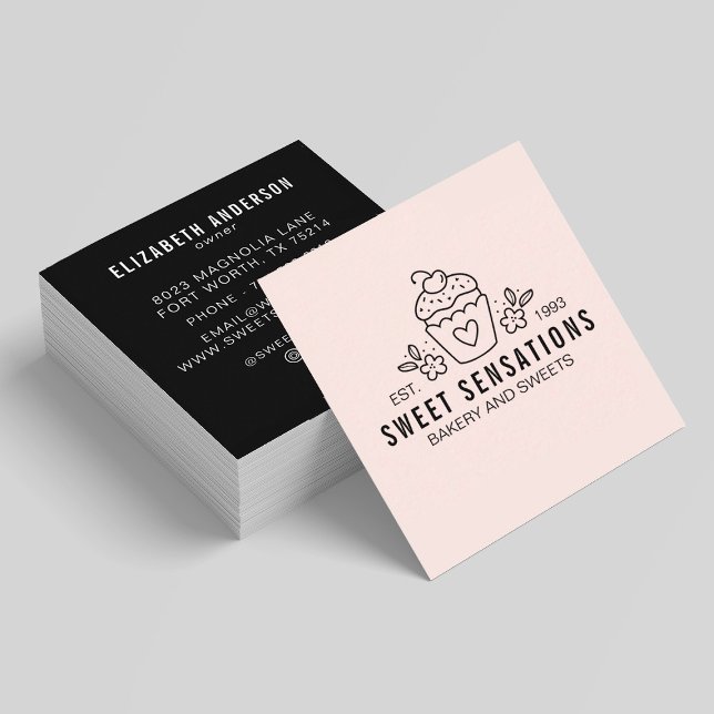 Modern Blush Pink Bakery Catering Chef Square Business Card (A cute simple pink and black Cupcake Bakery Business card. Personalize it with your information.)