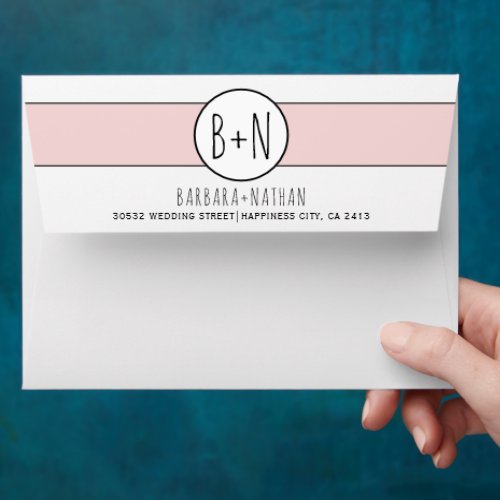 Modern blush pink band with initials wedding envelope
