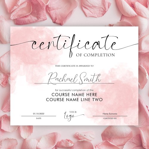 Modern Blush Pink Beauty Course Completion Award