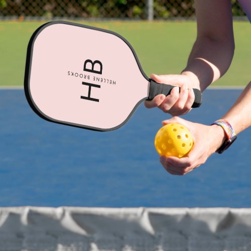 Modern Blush Pink  Black Initial Monogram Pickleball Paddle