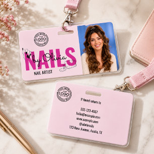Modern Blush Pink Black Logo Photo Nail Salon Name Badge