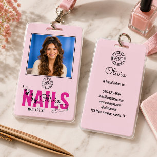 Modern Blush Pink Black Logo Photo Nail Salon Name Badge