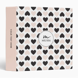Modern Blush Pink Black Love Hearts Monogram 3 Ring Binder