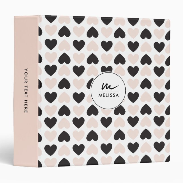 Modern Blush Pink Black Love Hearts Monogram 3 Ring Binder (Front/Spine)