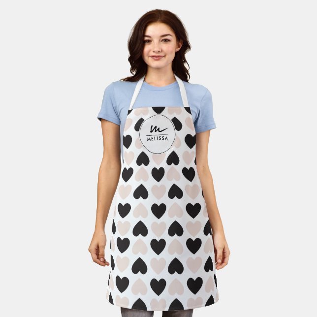 Modern Blush Pink Black Love Hearts Monogram Apron (Worn)