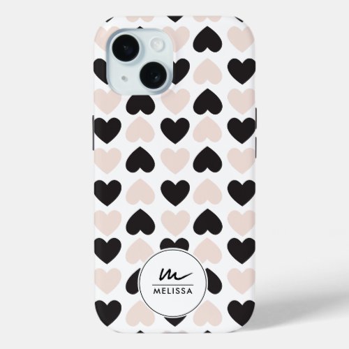 Modern Blush Pink Black Love Hearts Monogram iPhone 15 Case