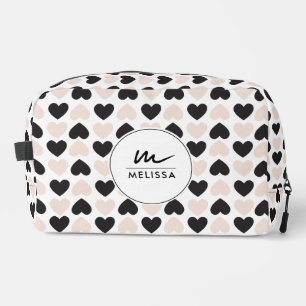 Modern Blush Pink Black Love Hearts Monogram Dopp Kit