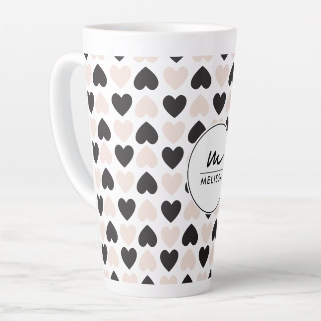Modern Blush Pink Black Love Hearts Monogram Latte Mug (Left Angle)