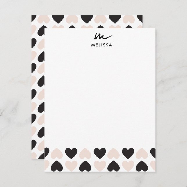 Modern Blush Pink Black Love Hearts Monogram Note Card (Front/Back)