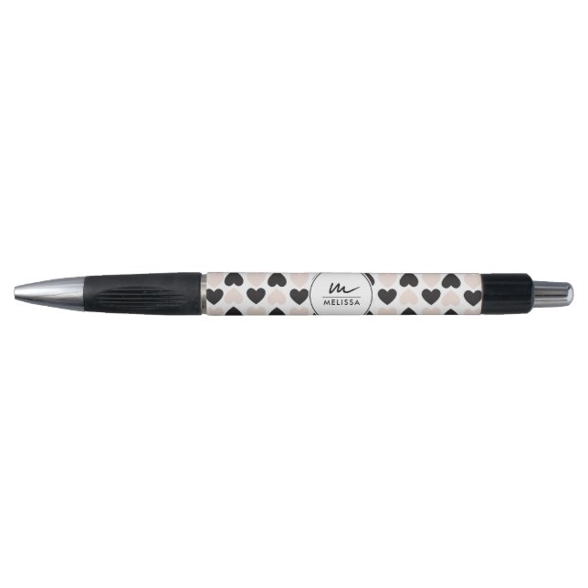 Modern Blush Pink Black Love Hearts Monogram Pen (Front)