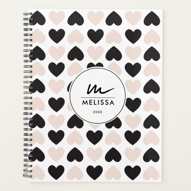 Modern Blush Pink Black Love Hearts Monogram Planner (Front)
