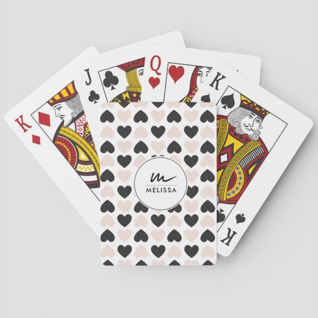 Modern Blush Pink Black Love Hearts Monogram Poker Cards (Back)