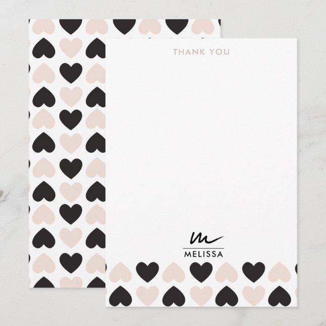 Modern Blush Pink Black Love Hearts Monogram Thank You Card (Front/Back)
