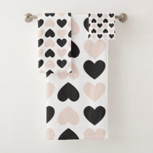 Modern Blush Pink Black Love Hearts Pattern Bath Towel Set