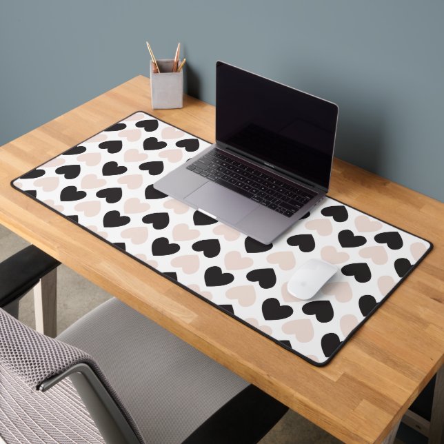Modern Blush Pink Black Love Hearts Pattern Desk Mat (Office 2)