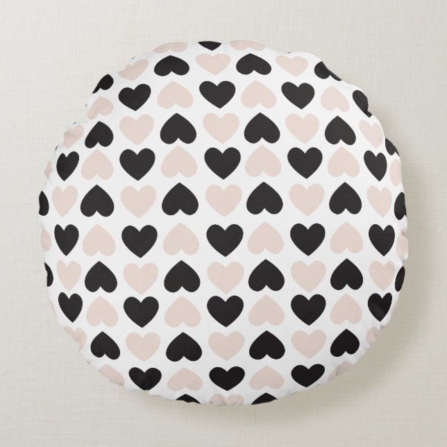 Modern Blush Pink Black Love Hearts Pattern Round Pillow (Front)