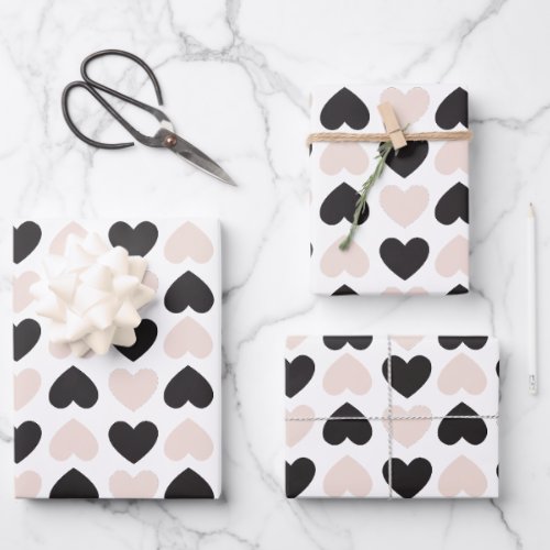 Modern Blush Pink Black Love Hearts Pattern Wrapping Paper Sheets