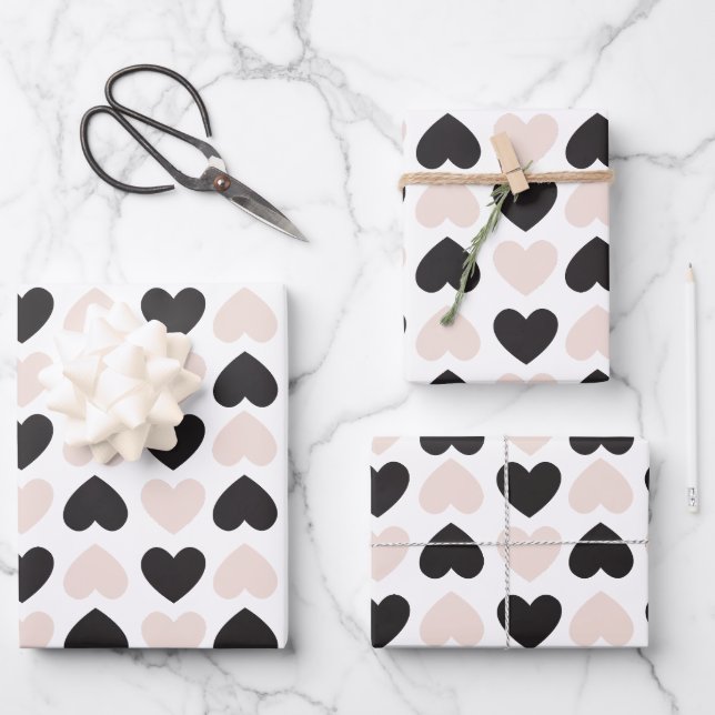 Modern Blush Pink Black Love Hearts Pattern Wrapping Paper Sheets (Front)