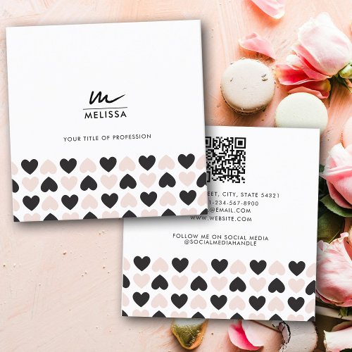 Modern Blush Pink Black Love Hearts QR Code Square Business Card