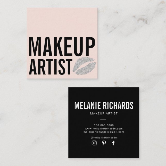 Modern blush pink black makeup beauty square business card (Front/Back)