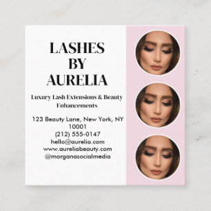 Modern Blush Pink Black Script 3 Photo Lashes Square Business Card
