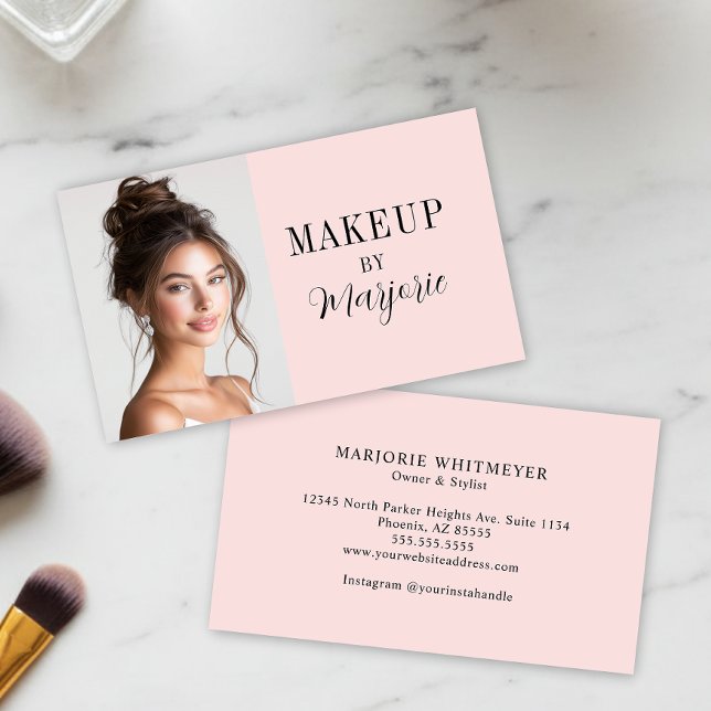 Modern Blush Pink Black Script Photo Makeup Business Card (modern blush pink black script photo makeup business card with modern typography)