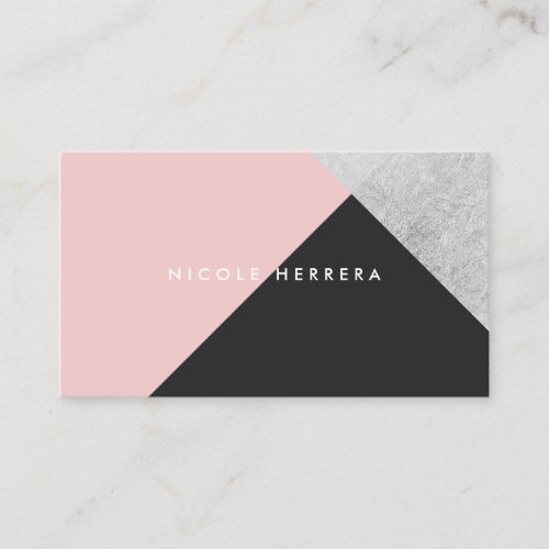 Modern blush pink black silver foil color block business card
