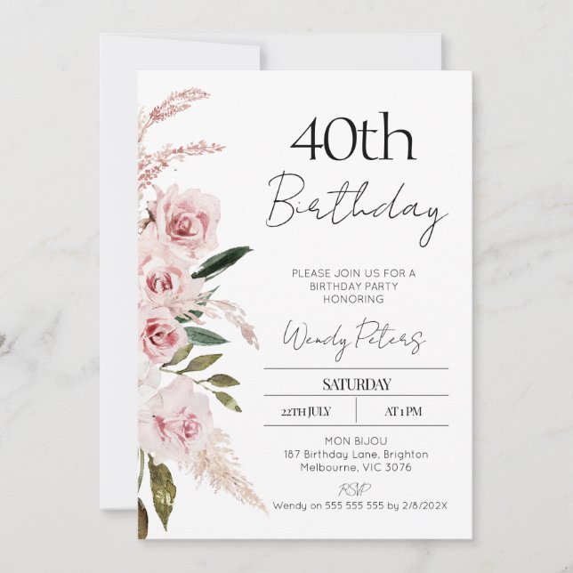 Modern Blush Pink Boho Floral Birthday Invitation (Front)