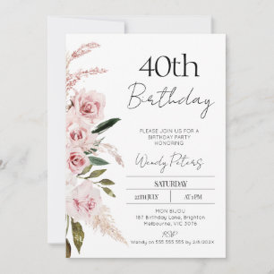 Modern Blush Pink Boho Floral Birthday Invitation