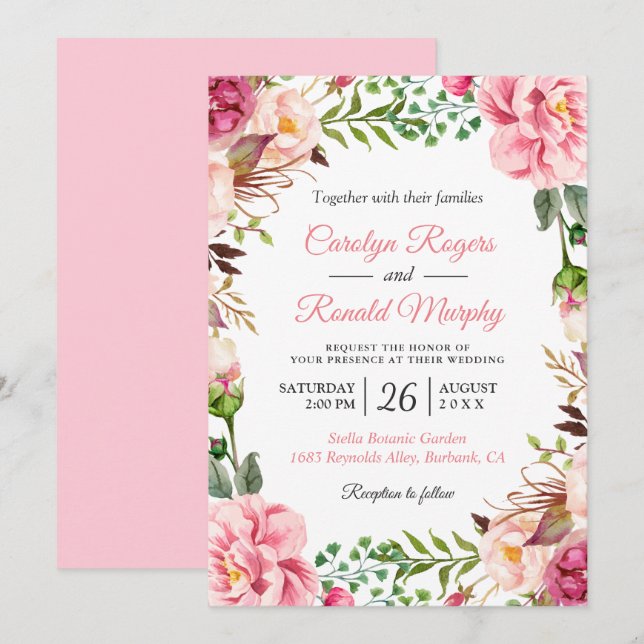 Modern Blush Pink Botanic Floral Wreath Wedding Invitation (Front/Back)