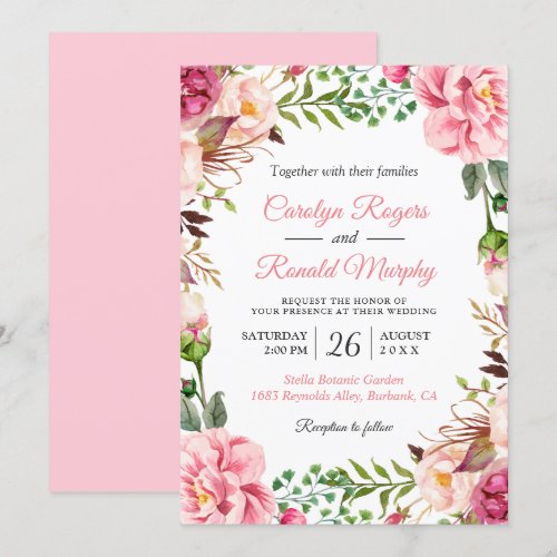 Modern Blush Pink Botanic Floral Wreath Wedding Invitation