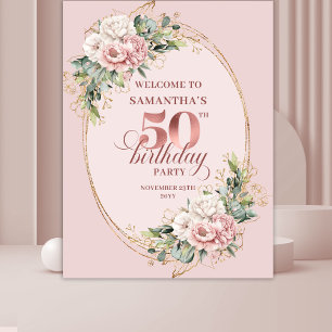 Modern Blush Pink Botanical 50th Birthday Backdrop