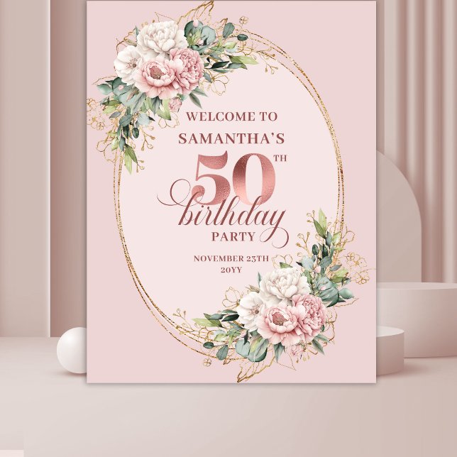 Modern Blush Pink Botanical 50th Birthday Backdrop (Modern Blush Pink Botanical 50th Birthday Backdrop)