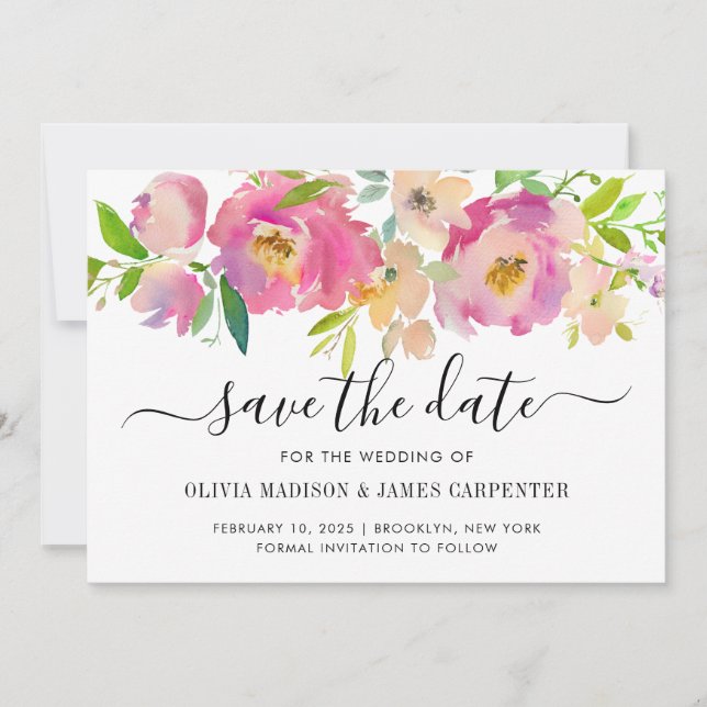 Modern Blush Pink Botanical Pastel Floral Wedding Save The Date (Front)