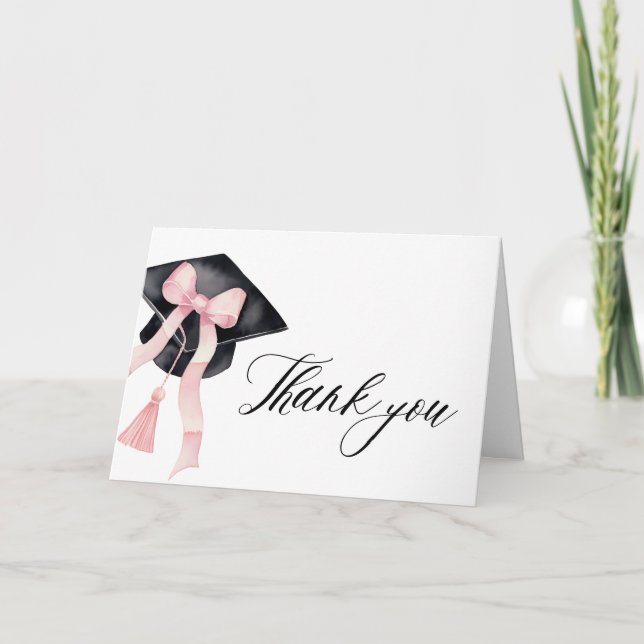 Modern Blush Pink Bow Coquette Graduation Cap Thank You Card (Front)