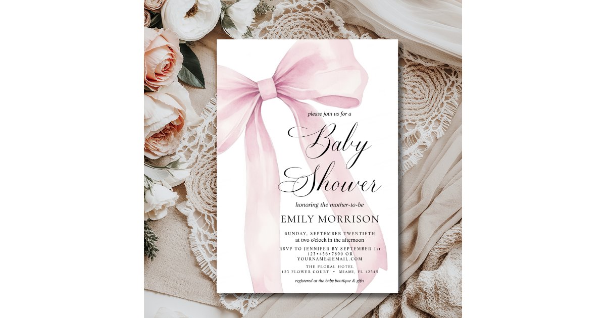 Modern Blush Pink Bow Girl Watercolor Baby Shower Invitation | Zazzle
