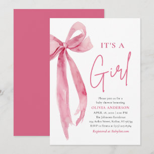 Modern Blush Pink Bow It's a Girl Baby Shower Invitation