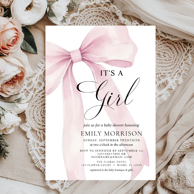 Modern Blush Pink Bow It's a Girl Baby Shower Invitation | Zazzle