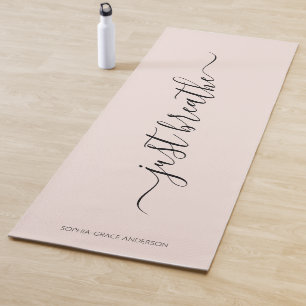 Modern blush pink Breathe Elegant Script Name  Yoga Mat