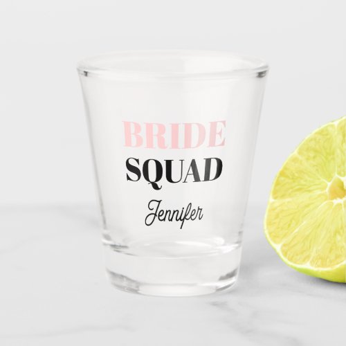 Modern Blush Pink Bride Squad Name Shot Glass