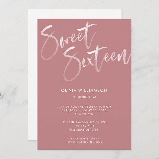Modern Blush Pink Brush Script Sweet 16 Birthday Invitation (Front/Back)