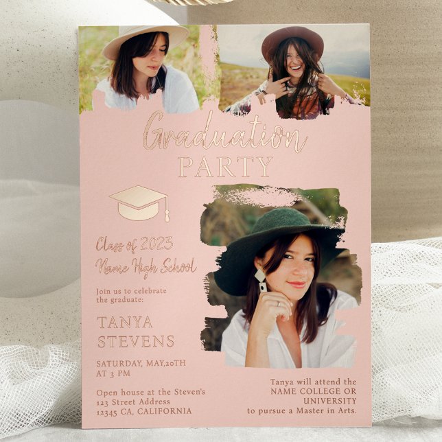 Modern blush pink Brushstroke 3 photos graduation Foil Invitation (Creator Uploaded)