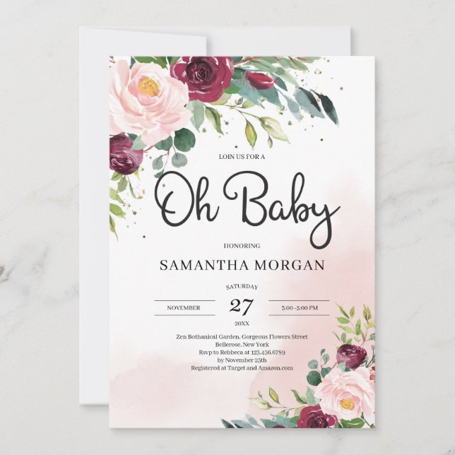 Modern blush pink burgundy floral Oh Baby shower Invitation (Front)