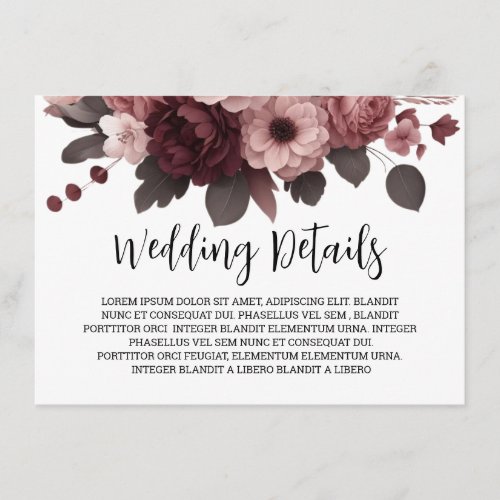 Modern Blush Pink Burgundy Floral Wedding Details  Enclosure Card