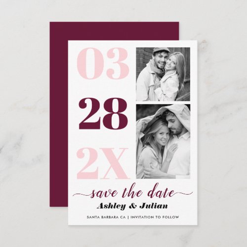 Modern blush pink burgundy typography two photo save the date